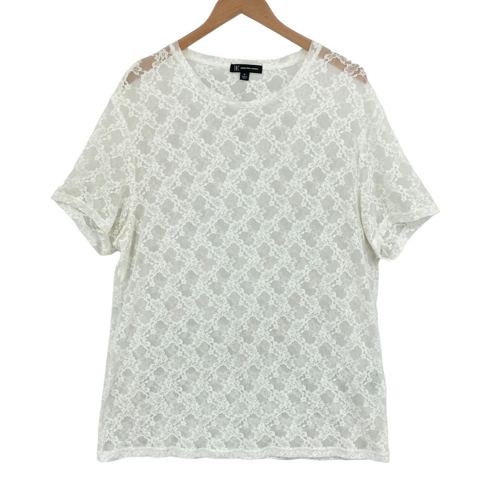 INC International Concepts Sheer Blouse Womens XL White Floral Short Sleeve